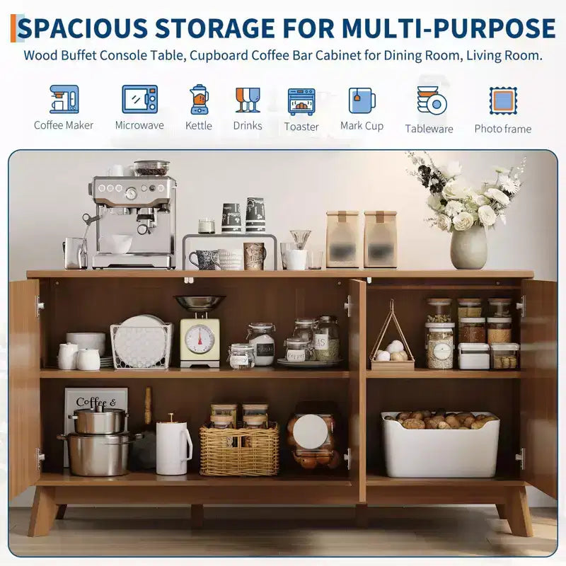 58 Sideboard Buffet Cabinet, Entryway Coffee Bar Cabinet with Fluted Doors & Adjustable Shelves, Modern Media Console Table, Floor Cupboard Cabinet