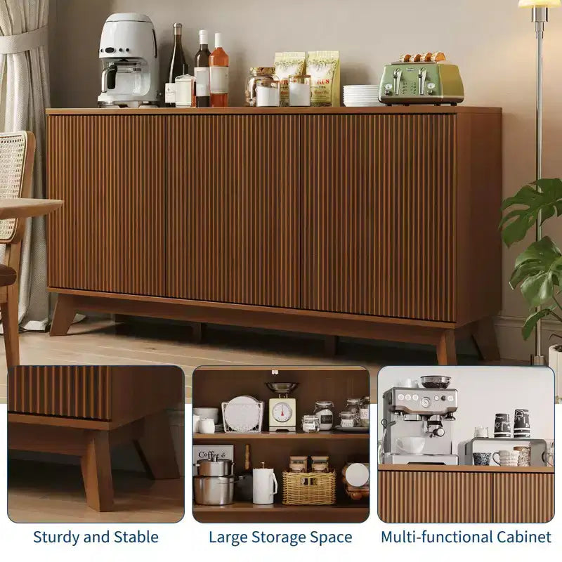 58 Sideboard Buffet Cabinet, Entryway Coffee Bar Cabinet with Fluted Doors & Adjustable Shelves, Modern Media Console Table, Floor Cupboard Cabinet
