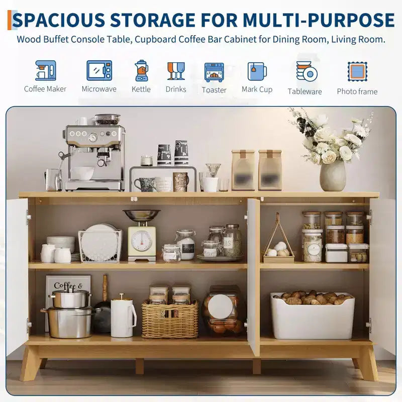 58 Sideboard Buffet Cabinet, Entryway Coffee Bar Cabinet with Fluted Doors & Adjustable Shelves, Modern Media Console Table, Floor Cupboard Cabinet