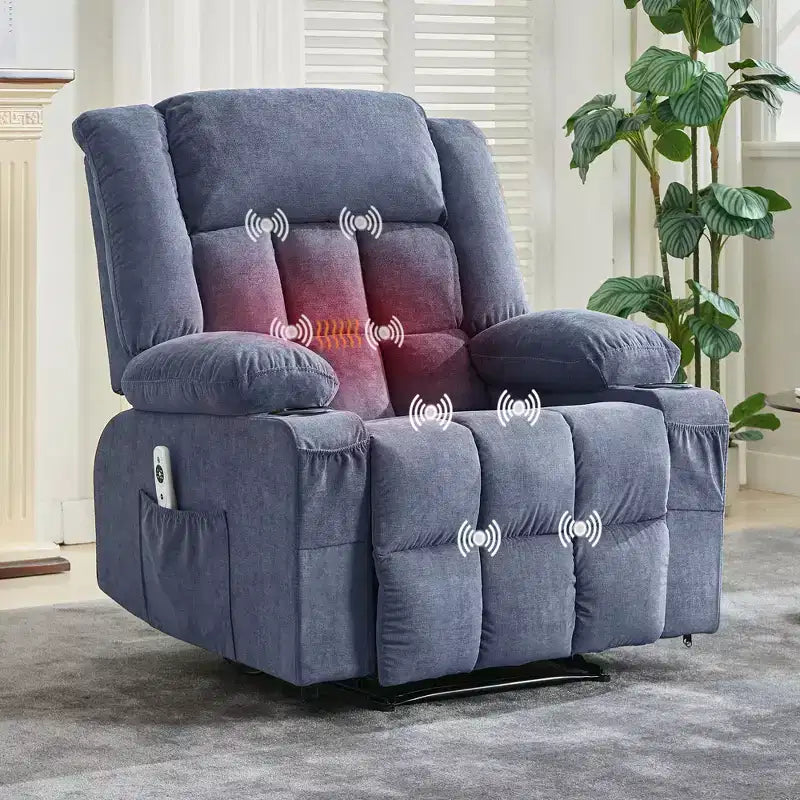 Wide Rocker Recliner Chair with Heat and Massage, Remote Control, 3 Positions, 2 Cup Holders, Side Pocket, Lounge Sofa Chair for Big People