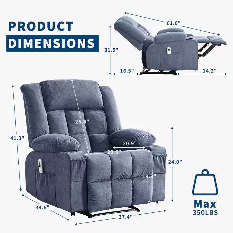 Wide Rocker Recliner Chair with Heat and Massage, Remote Control, 3 Positions, 2 Cup Holders, Side Pocket, Lounge Sofa Chair for Big People
