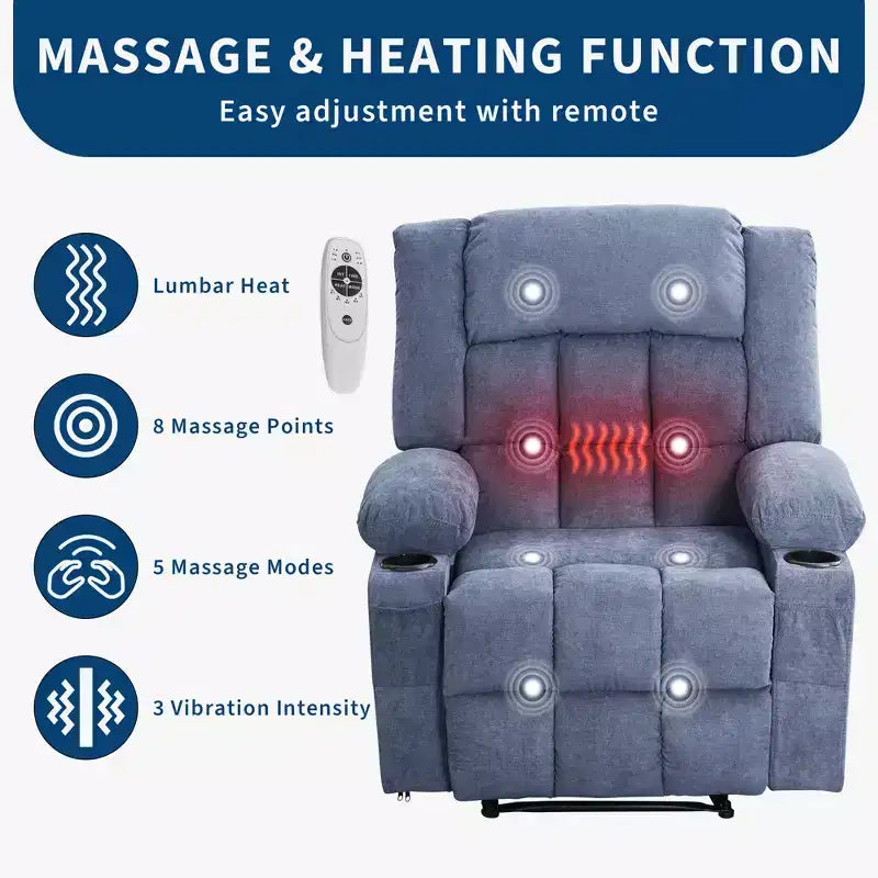 Wide Rocker Recliner Chair with Heat and Massage, Remote Control, 3 Positions, 2 Cup Holders, Side Pocket, Lounge Sofa Chair for Big People