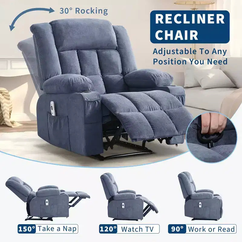Wide Rocker Recliner Chair with Heat and Massage, Remote Control, 3 Positions, 2 Cup Holders, Side Pocket, Lounge Sofa Chair for Big People