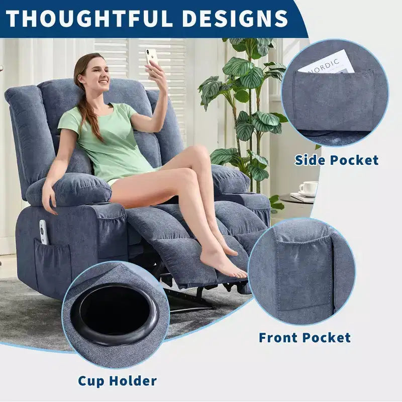 Wide Rocker Recliner Chair with Heat and Massage, Remote Control, 3 Positions, 2 Cup Holders, Side Pocket, Lounge Sofa Chair for Big People