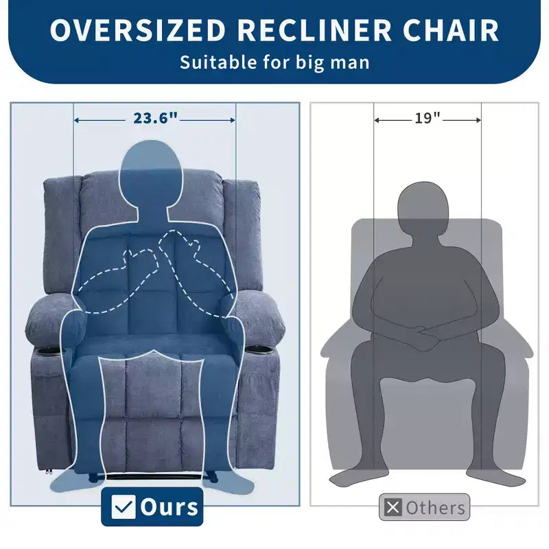 Wide Rocker Recliner Chair with Heat and Massage, Remote Control, 3 Positions, 2 Cup Holders, Side Pocket, Lounge Sofa Chair for Big People