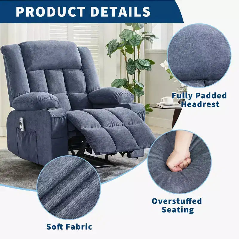 Wide Rocker Recliner Chair with Heat and Massage, Remote Control, 3 Positions, 2 Cup Holders, Side Pocket, Lounge Sofa Chair for Big People