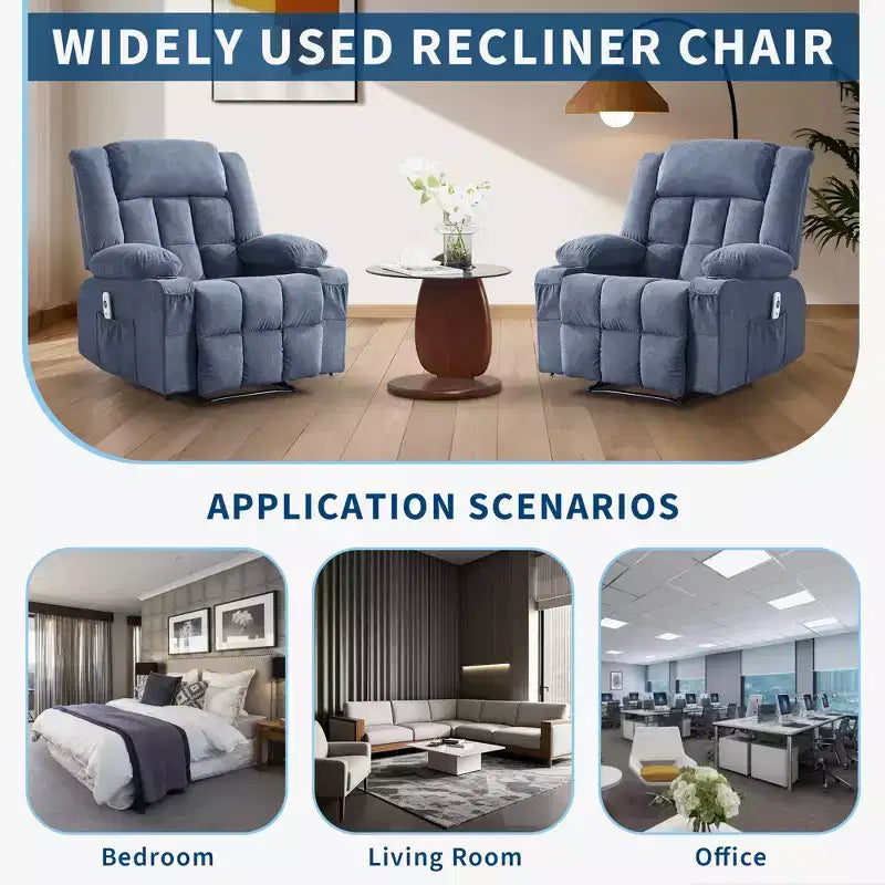 Wide Rocker Recliner Chair with Heat and Massage, Remote Control, 3 Positions, 2 Cup Holders, Side Pocket, Lounge Sofa Chair for Big People