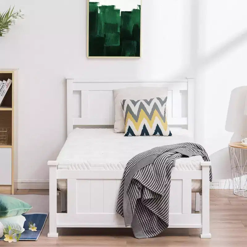 VINGLI Twin Bed Frame Solid Wood Platform Bed Frame, Single Bed with Headboard, White