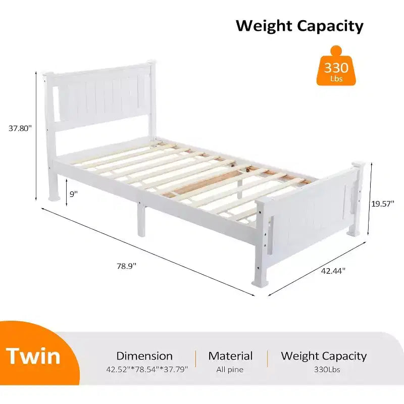 VINGLI Twin Bed Frame Solid Wood Platform Bed Frame, Single Bed with Headboard, White