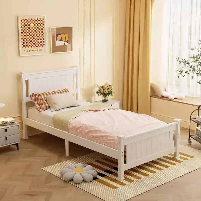 VINGLI Twin Bed Frame Solid Wood Platform Bed Frame, Single Bed with Headboard, White