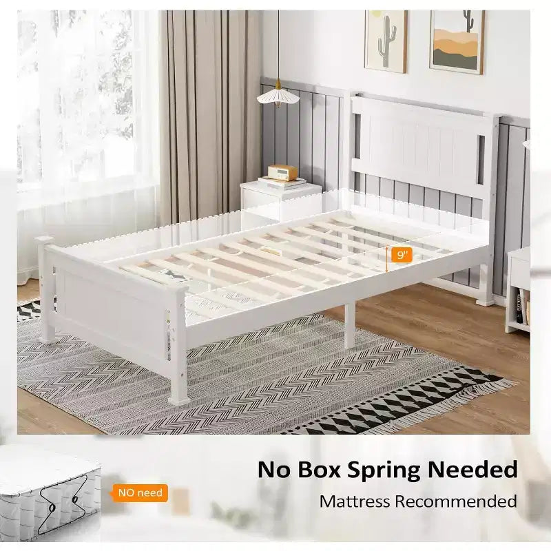 VINGLI Twin Bed Frame Solid Wood Platform Bed Frame, Single Bed with Headboard, White