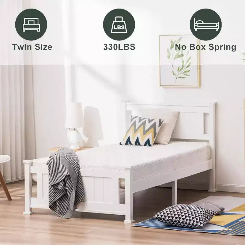 VINGLI Twin Bed Frame Solid Wood Platform Bed Frame, Single Bed with Headboard, White