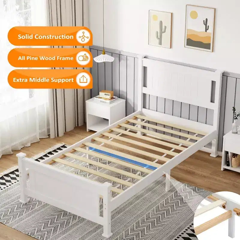 VINGLI Twin Bed Frame Solid Wood Platform Bed Frame, Single Bed with Headboard, White