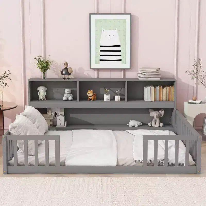 MAYEERTY Full Size Floor Bed with Bedside Bookcase Guardrails with Opening Pine Wood Conposite Boards Bed Frame