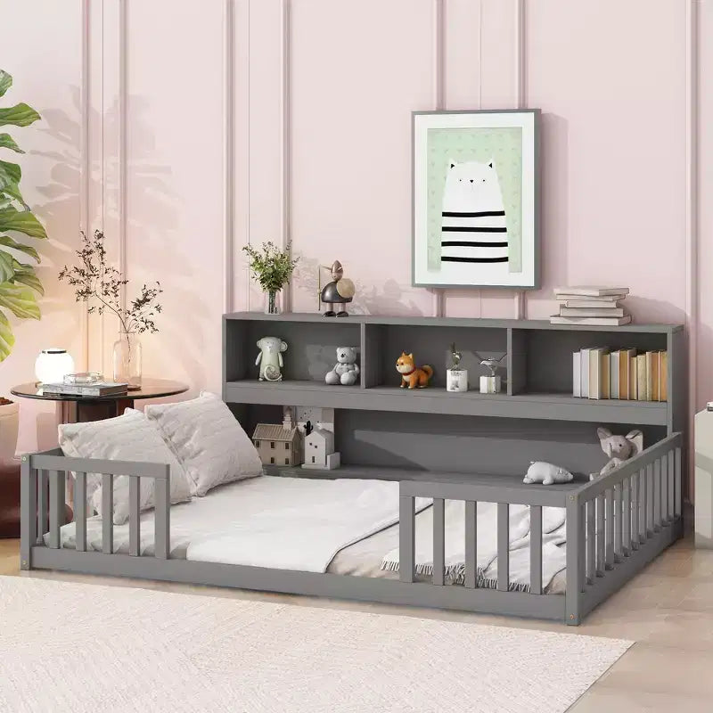 MAYEERTY Full Size Floor Bed with Bedside Bookcase Guardrails with Opening Pine Wood Conposite Boards Bed Frame