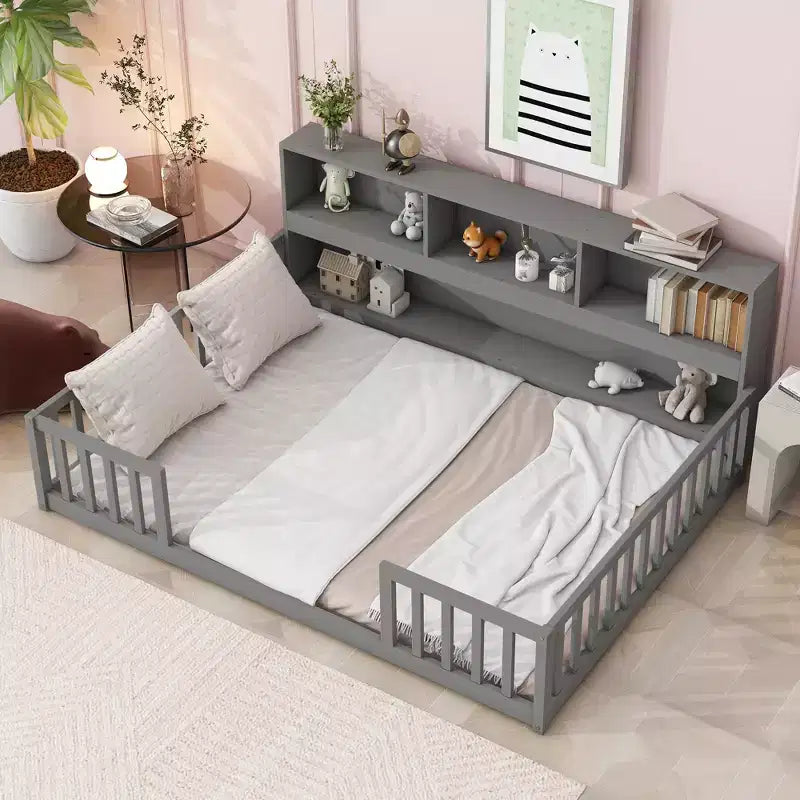 MAYEERTY Full Size Floor Bed with Bedside Bookcase Guardrails with Opening Pine Wood Conposite Boards Bed Frame