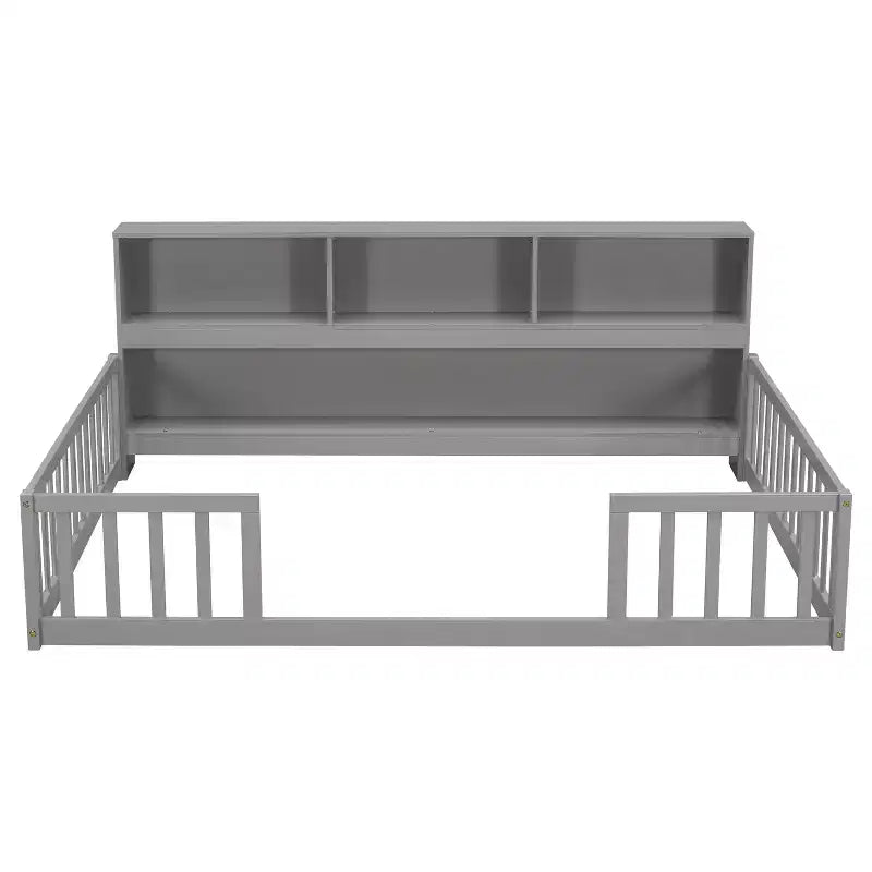 MAYEERTY Full Size Floor Bed with Bedside Bookcase Guardrails with Opening Pine Wood Conposite Boards Bed Frame