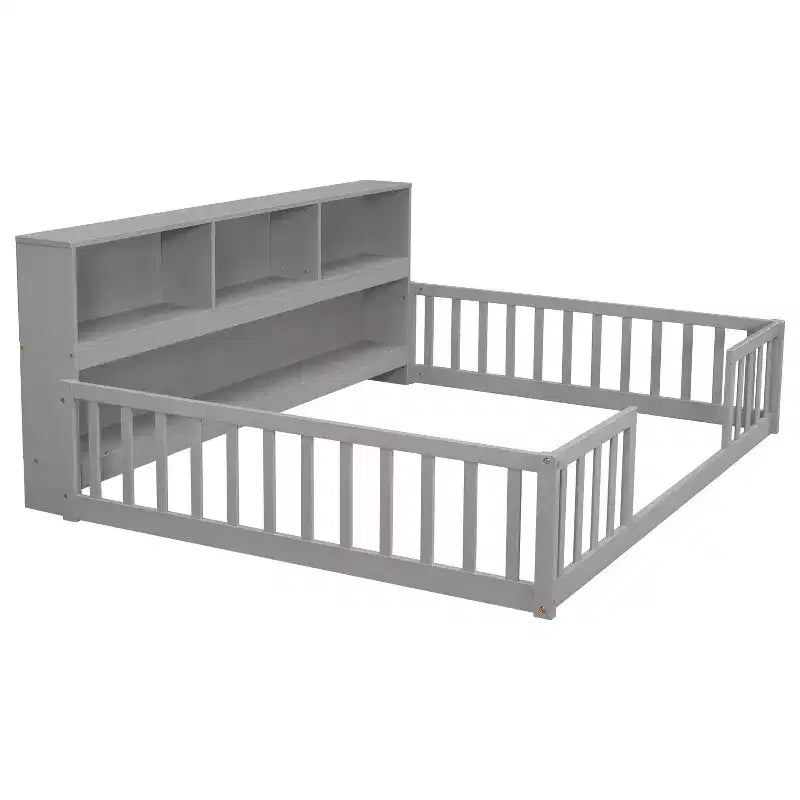 MAYEERTY Full Size Floor Bed with Bedside Bookcase Guardrails with Opening Pine Wood Conposite Boards Bed Frame