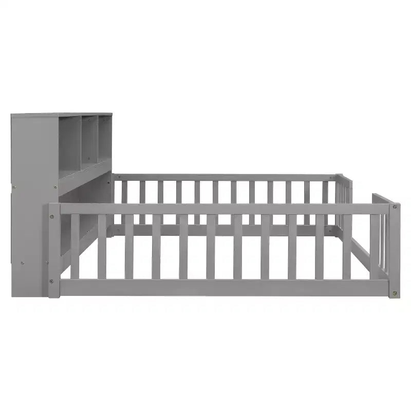 MAYEERTY Full Size Floor Bed with Bedside Bookcase Guardrails with Opening Pine Wood Conposite Boards Bed Frame