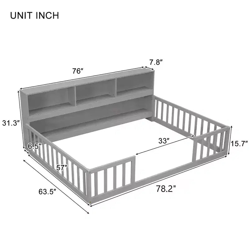 MAYEERTY Full Size Floor Bed with Bedside Bookcase Guardrails with Opening Pine Wood Conposite Boards Bed Frame