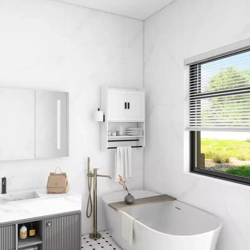 Bathroom Wall Cabinet Space-Saving over Toilet Storage Cabinet with 2 Adjustable Shelf, Towel Bar, and Paper Holder, for Bathroom, Kitchen