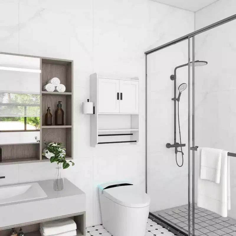 Bathroom Wall Cabinet Space-Saving over Toilet Storage Cabinet with 2 Adjustable Shelf, Towel Bar, and Paper Holder, for Bathroom, Kitchen