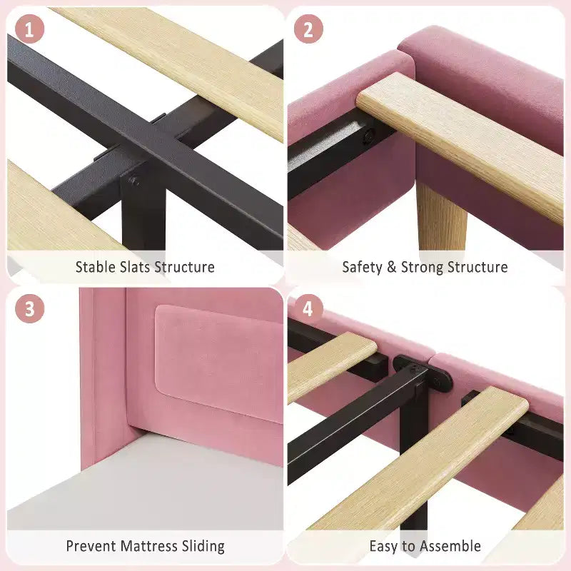 Twin Size Bed Frame, Velvet Upholstered Storage Headboard, Wooden Slats Support, No Box Spring Needed, Noise Free, Easy Assembly