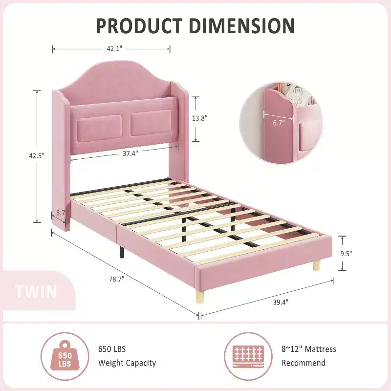 Twin Size Bed Frame, Velvet Upholstered Storage Headboard, Wooden Slats Support, No Box Spring Needed, Noise Free, Easy Assembly