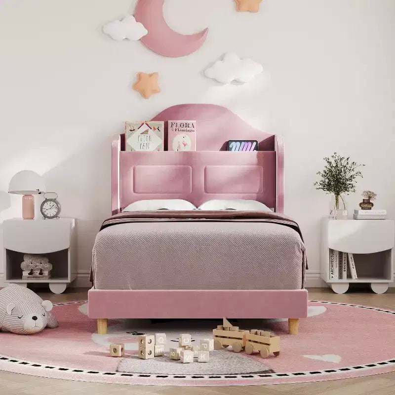 Twin Size Bed Frame, Velvet Upholstered Storage Headboard, Wooden Slats Support, No Box Spring Needed, Noise Free, Easy Assembly