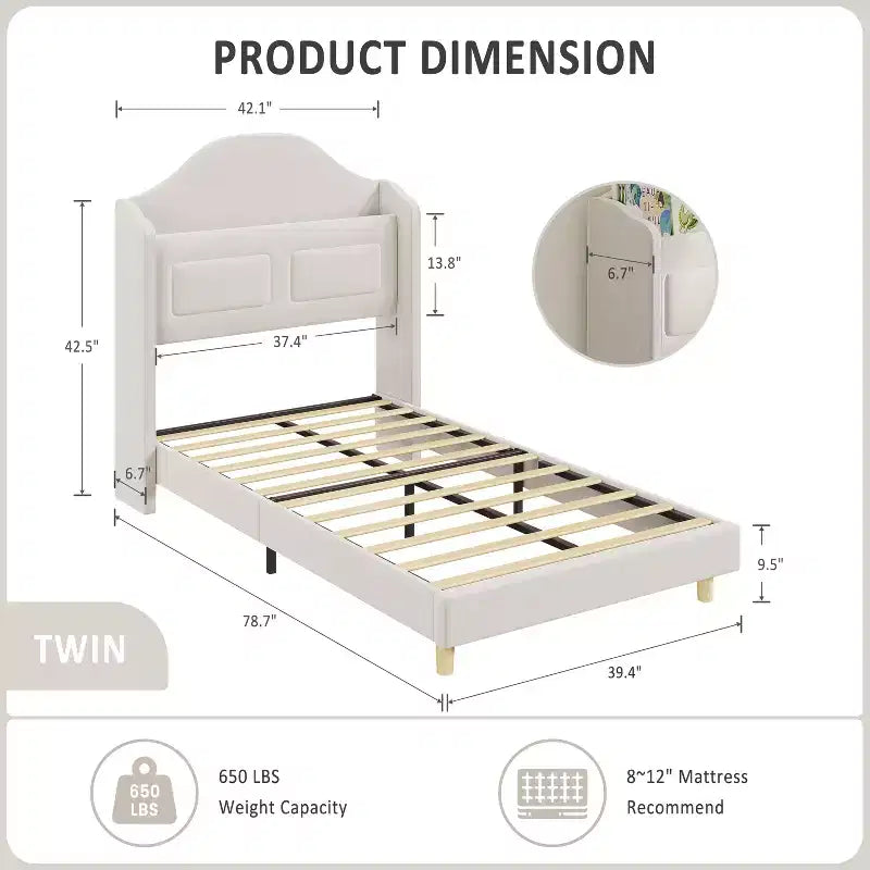 Twin Size Bed Frame, Velvet Upholstered Storage Headboard, Wooden Slats Support, No Box Spring Needed, Noise Free, Easy Assembly