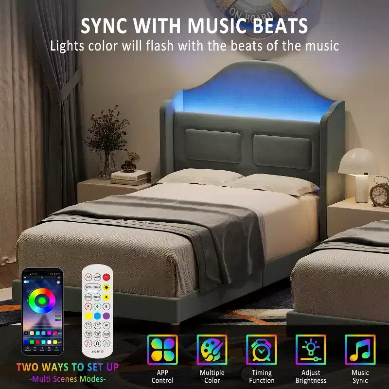 Twin Size Bed Frame, Velvet Upholstered Storage Headboard, Wooden Slats Support, No Box Spring Needed, Noise Free, Easy Assembly