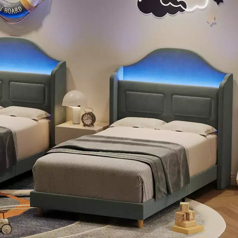 Twin Size Bed Frame, Velvet Upholstered Storage Headboard, Wooden Slats Support, No Box Spring Needed, Noise Free, Easy Assembly