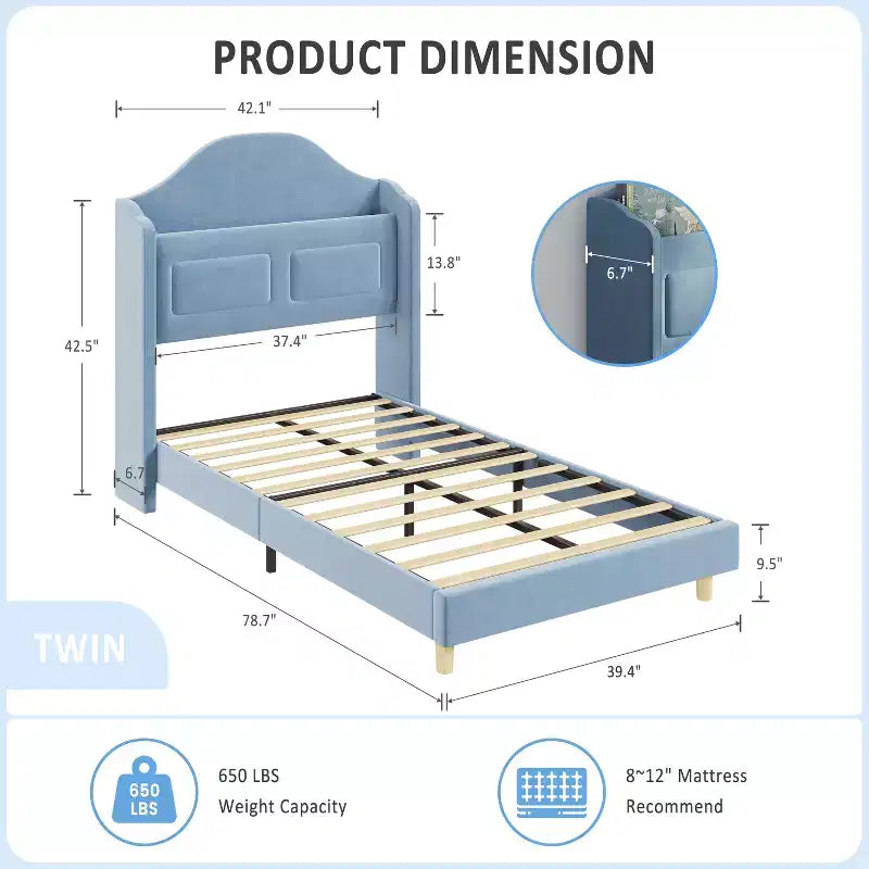 Twin Size Bed Frame, Velvet Upholstered Storage Headboard, Wooden Slats Support, No Box Spring Needed, Noise Free, Easy Assembly