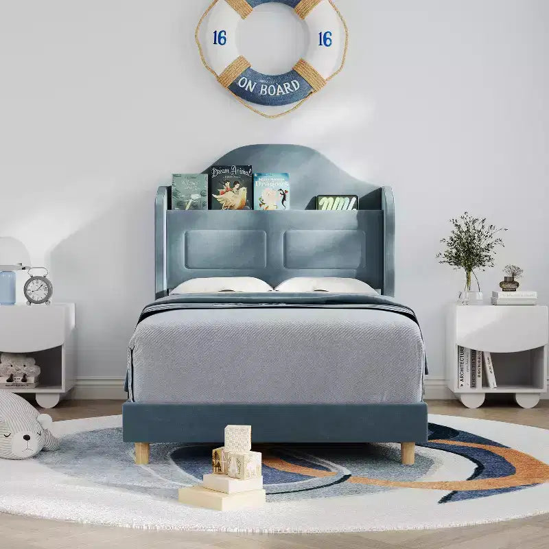 Twin Size Bed Frame, Velvet Upholstered Storage Headboard, Wooden Slats Support, No Box Spring Needed, Noise Free, Easy Assembly