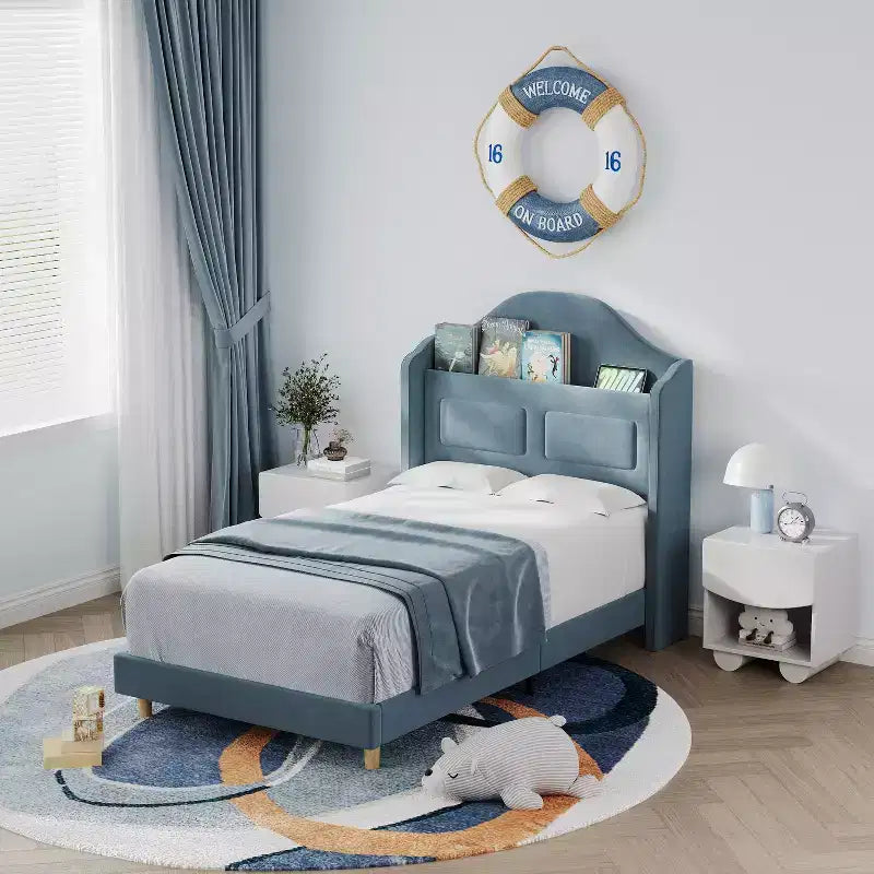Twin Size Bed Frame, Velvet Upholstered Storage Headboard, Wooden Slats Support, No Box Spring Needed, Noise Free, Easy Assembly
