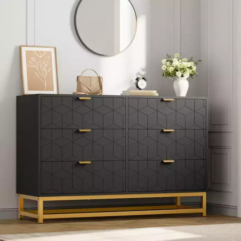 Black 6 Drawer Double Dresser,Modern Dresser for Bedroom with Gold Handles,Long Storage Organizer for Closet & TV Stand
