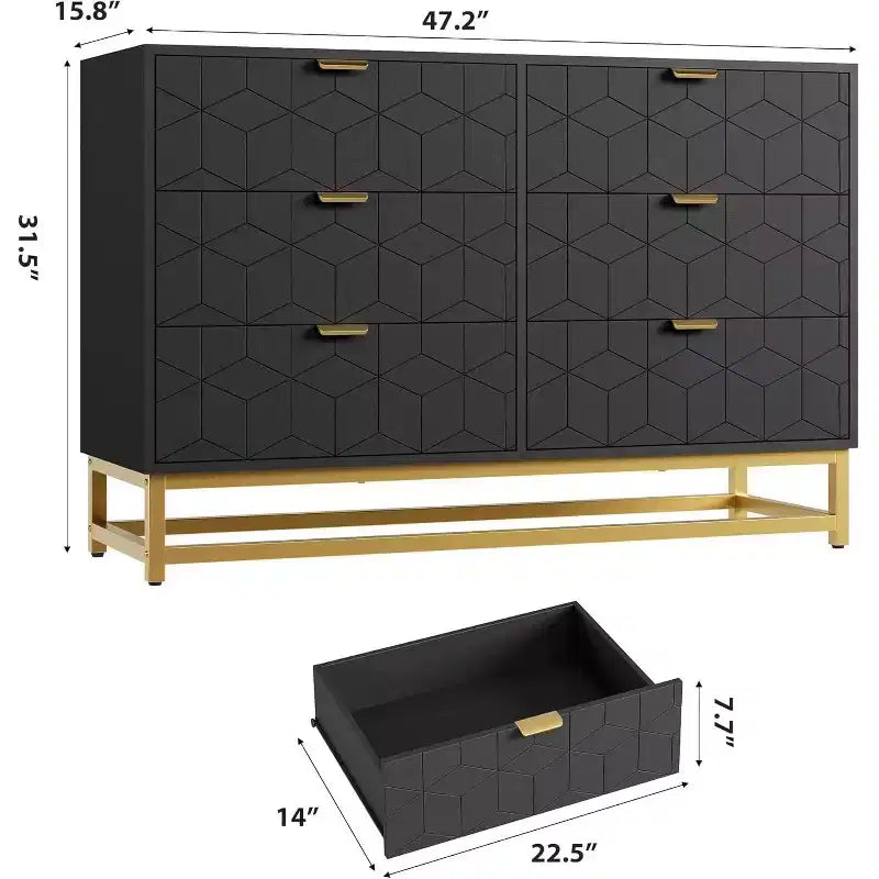 Black 6 Drawer Double Dresser,Modern Dresser for Bedroom with Gold Handles,Long Storage Organizer for Closet & TV Stand