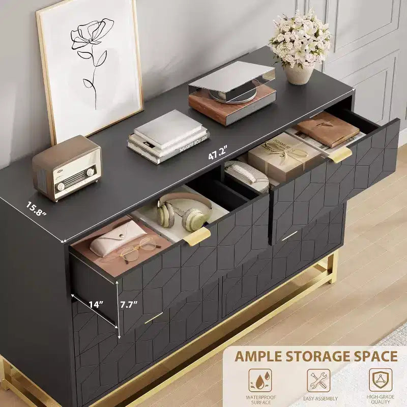 Black 6 Drawer Double Dresser,Modern Dresser for Bedroom with Gold Handles,Long Storage Organizer for Closet & TV Stand