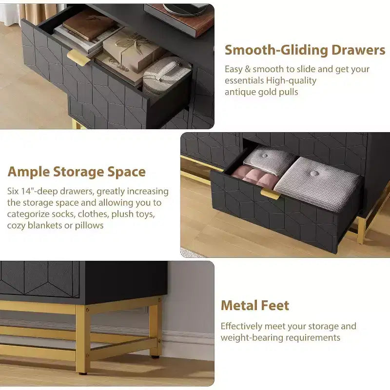 Black 6 Drawer Double Dresser,Modern Dresser for Bedroom with Gold Handles,Long Storage Organizer for Closet & TV Stand