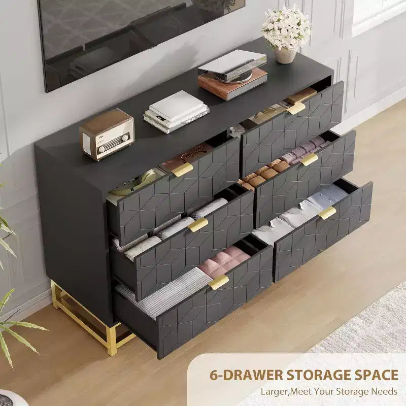 Black 6 Drawer Double Dresser,Modern Dresser for Bedroom with Gold Handles,Long Storage Organizer for Closet & TV Stand
