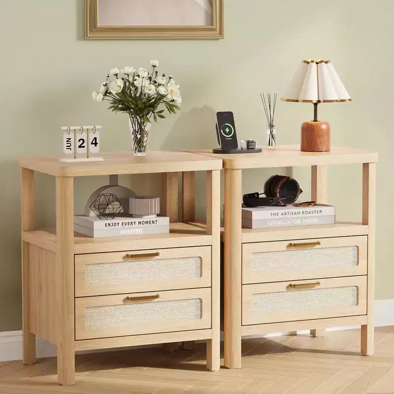 Set of 2 Rattan Nightstands,Farmhouse Bedside Tables with Drawers & Storage Shelf, Narrow Design for Bedroom, Living Room & Hallway
