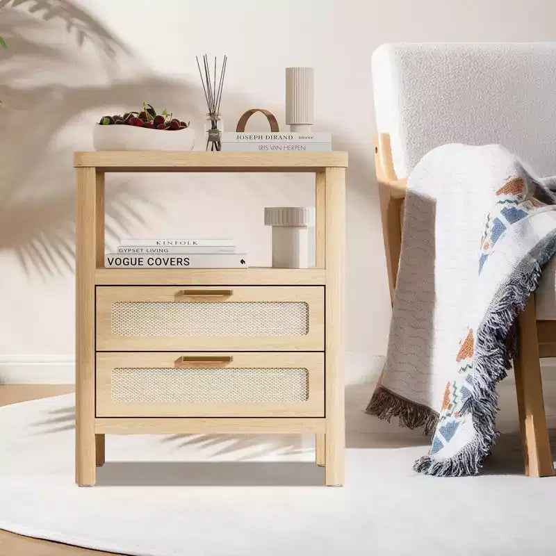 Set of 2 Rattan Nightstands,Farmhouse Bedside Tables with Drawers & Storage Shelf, Narrow Design for Bedroom, Living Room & Hallway