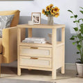 Set of 2 Rattan Nightstands,Farmhouse Bedside Tables with Drawers & Storage Shelf, Narrow Design for Bedroom, Living Room & Hallway