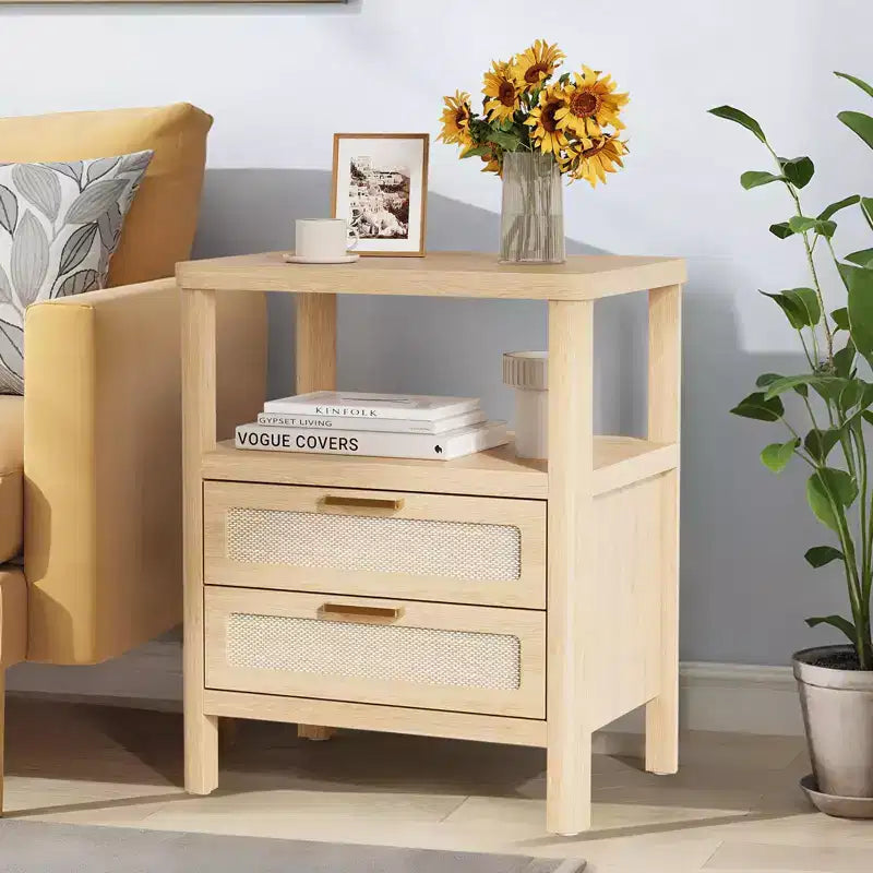 Set of 2 Rattan Nightstands,Farmhouse Bedside Tables with Drawers & Storage Shelf, Narrow Design for Bedroom, Living Room & Hallway