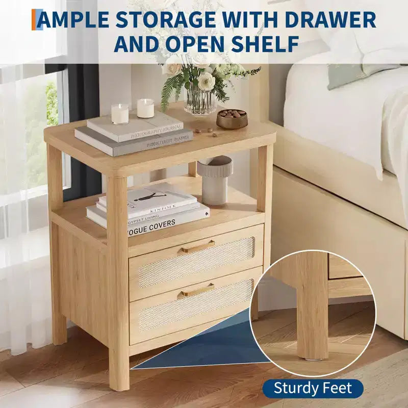 Set of 2 Rattan Nightstands,Farmhouse Bedside Tables with Drawers & Storage Shelf, Narrow Design for Bedroom, Living Room & Hallway