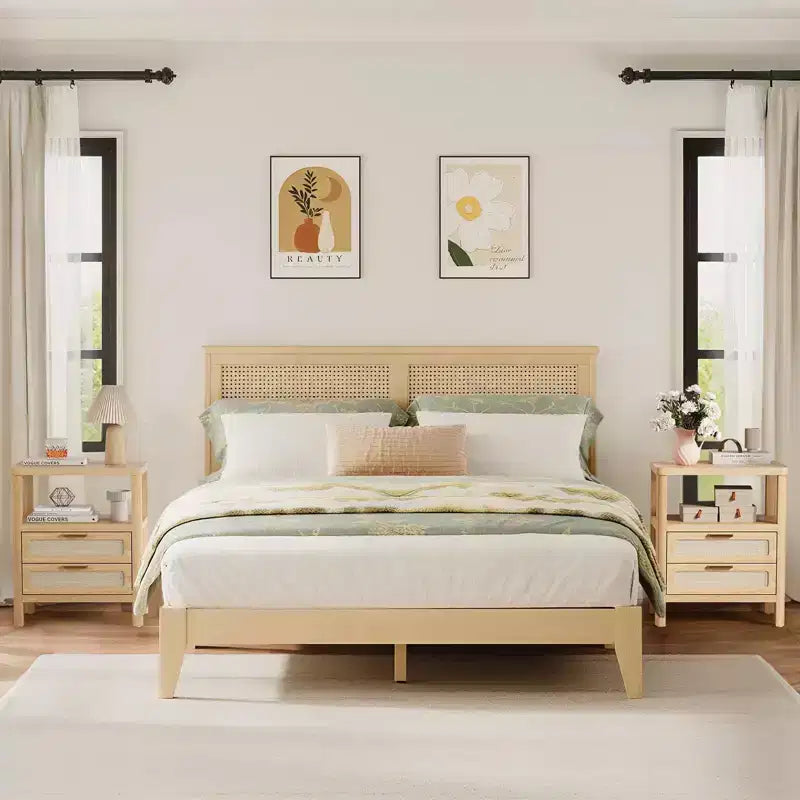 Set of 2 Rattan Nightstands,Farmhouse Bedside Tables with Drawers & Storage Shelf, Narrow Design for Bedroom, Living Room & Hallway