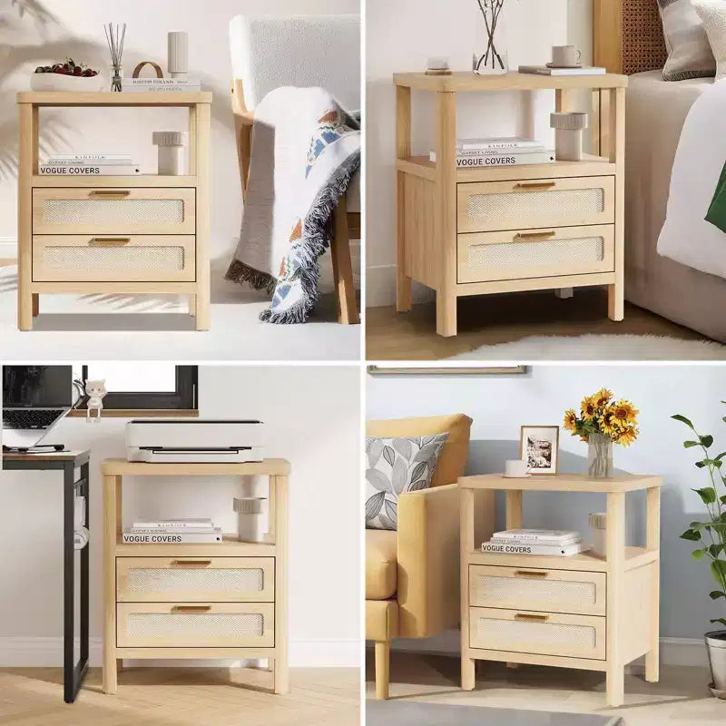 Set of 2 Rattan Nightstands,Farmhouse Bedside Tables with Drawers & Storage Shelf, Narrow Design for Bedroom, Living Room & Hallway