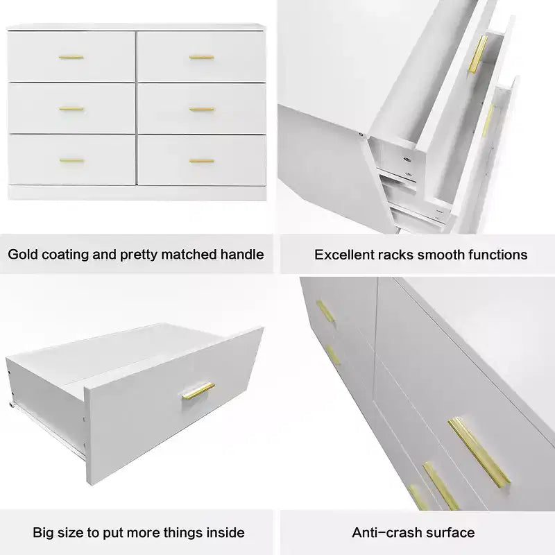 6 Drawer Double Dresser Wood Clothing Organizer Engineered Wood Dresser With Sturdy Legs For Living Room Hallway Nursery Bedroom