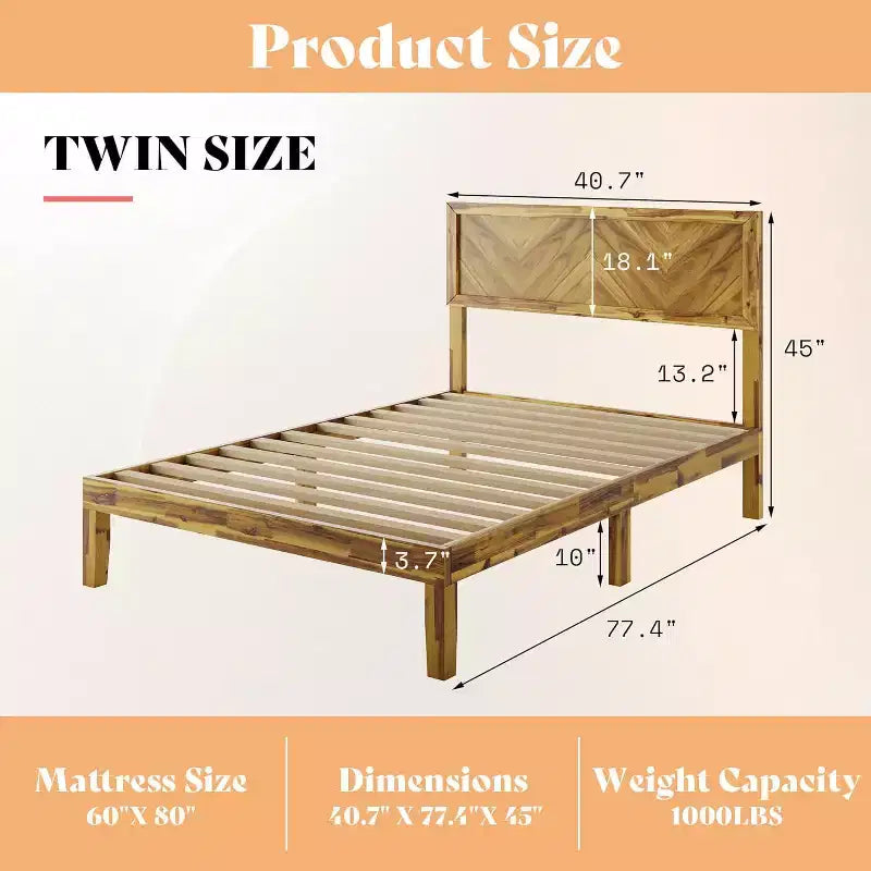 AMERLIFE Bed Frame with Headboard, Solid Acacia Wood Mid-Century Modern Platform Bed with Wood Slats Support, No Box Spring Needed, Brown