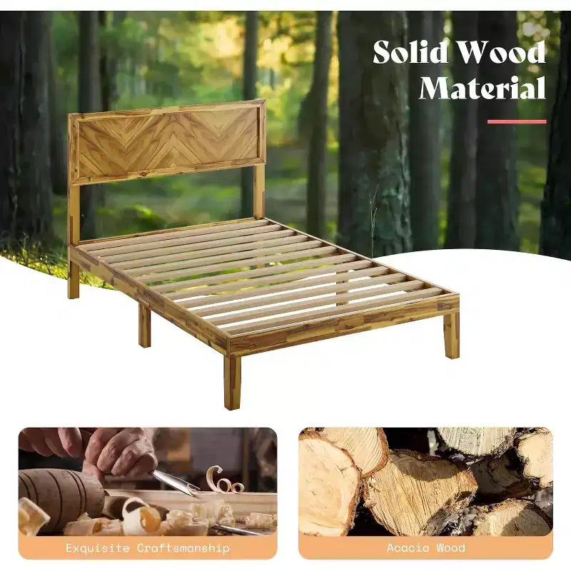 AMERLIFE Bed Frame with Headboard, Solid Acacia Wood Mid-Century Modern Platform Bed with Wood Slats Support, No Box Spring Needed, Brown